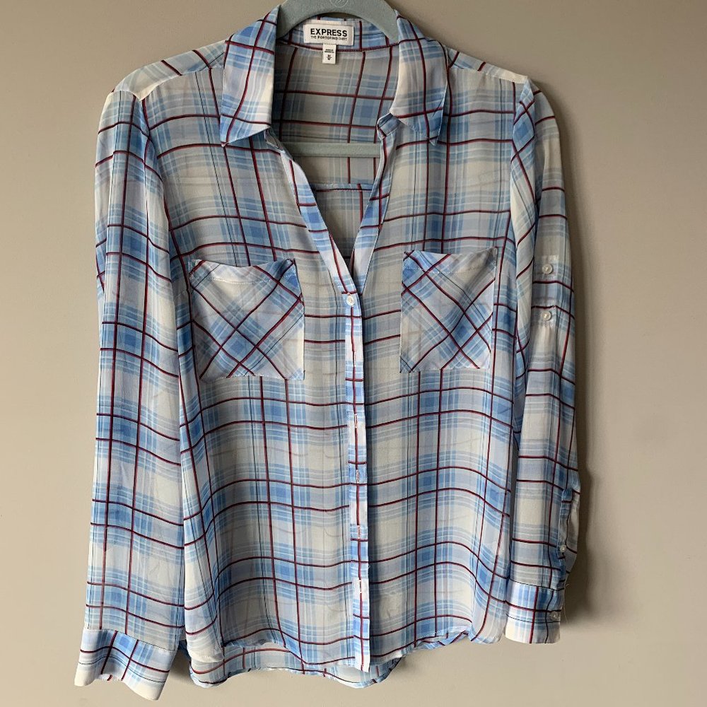 Express Portfolio Top - Blue, White & Red Plaid - Sheer